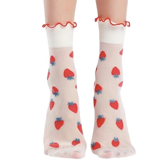 Other Shoes - Strawberry Ruffles Trim Sheer Ankle Socks Lolita Kawaii Cottagecore Kidcore Cute